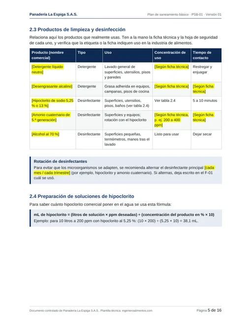 Tabla de diluciones y procedimientos de limpieza